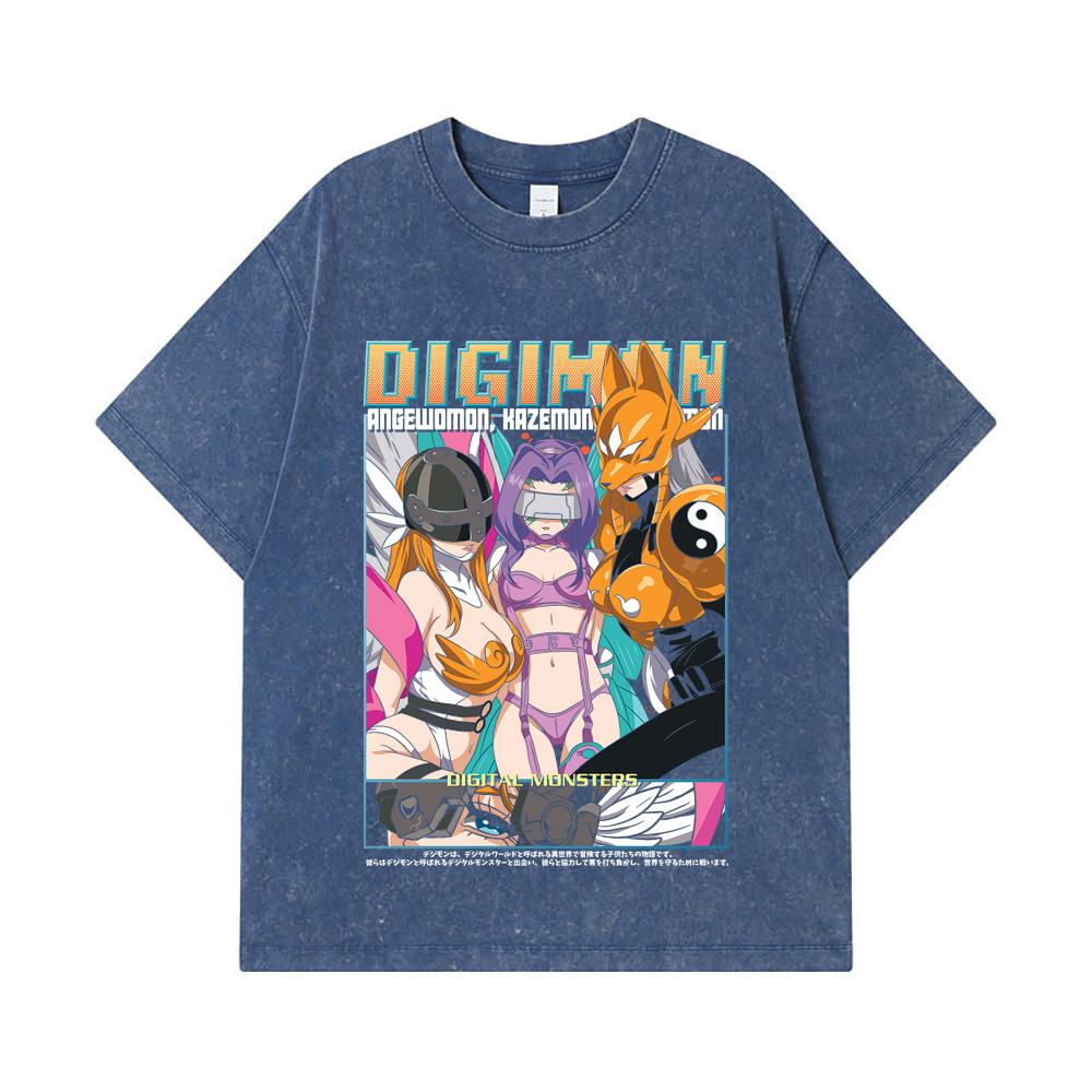 275 GSM Washed T-shirts 100% Cotton Digimon V6 Waifus Print Unisex Heavy Cotton T Shirt