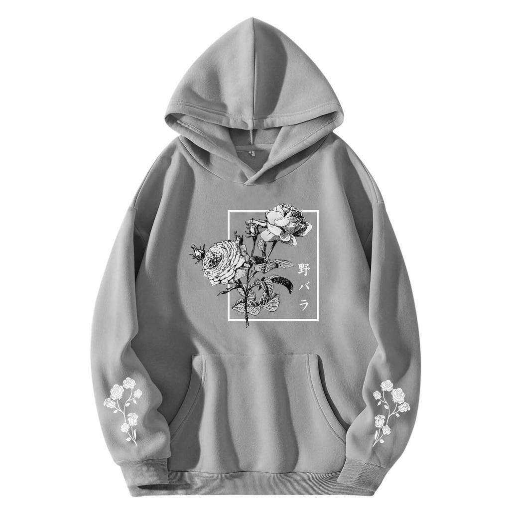 2025 New Rose Flower Print Hoodie Men's Cool Plus Size Fashion Simple Street Cotton Jumper Sweatshirt