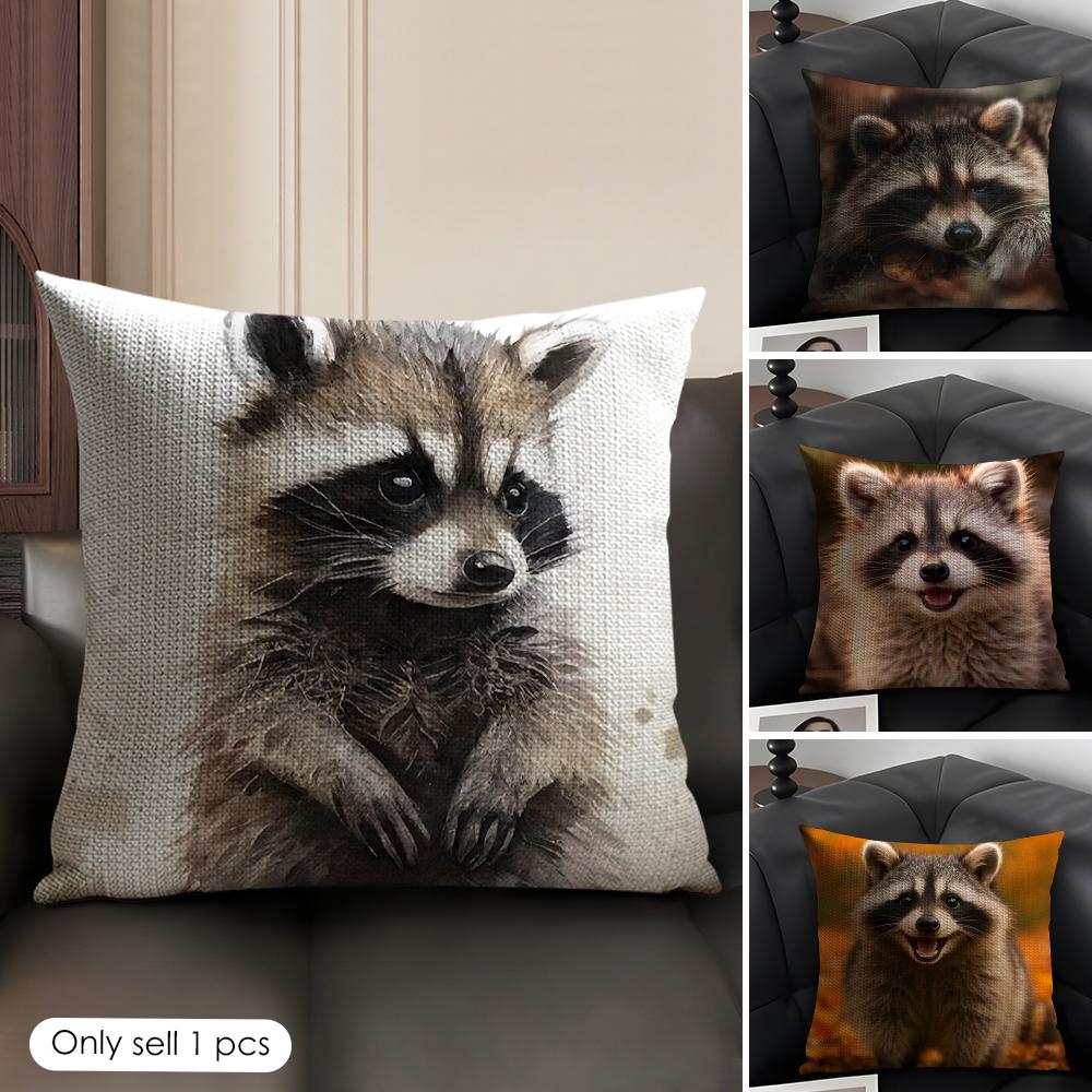 Raccoon Cute Cushion Cover Natural Linen Organic Fabric DoubleSided Printing Sofa Home Decor Gift Pillow Case