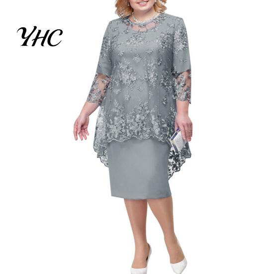 Lady Evening Dress O-neck High-Waist Plus Size Midi Embroidery Lace 3/4 Sleeve Female Clothing
