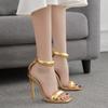 Fashion Sexy Luxury Brand Simple Peep Toe Thin High Heels Shoes Women Back Zipper Gold Wedding Banquet Sandals