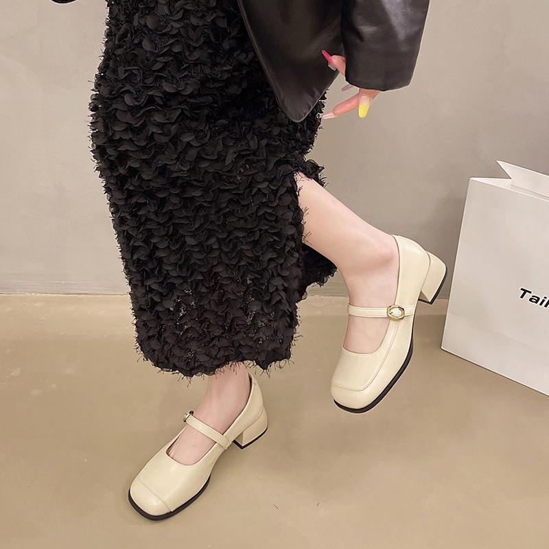 French Retro Square Head Mary Jane Shoes One-Word Leather Shoes Skirt Shallow Mouth Single Shoes Women'S British Style