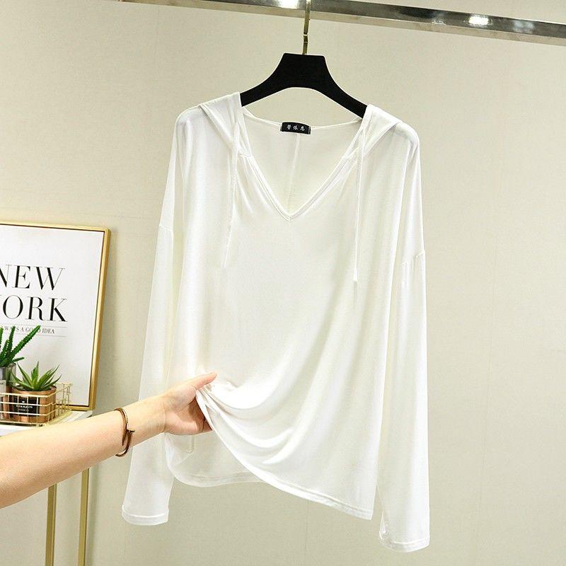 Снаружи модальная футболка с длинными рукавами в корейском стиле, весенне-летняя свободная рубашка большого размера с капюшоном