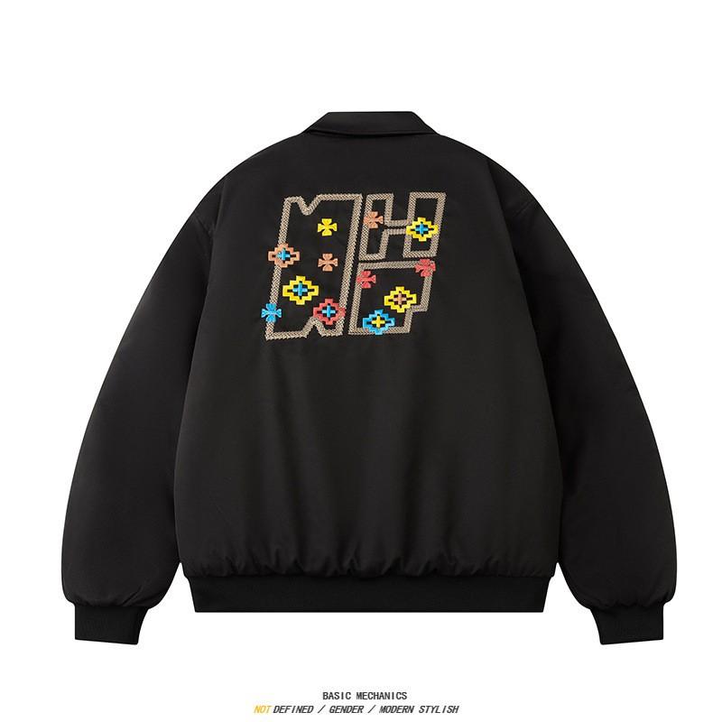 Mens Retro Letter Embroidery Cotton Puffer Jacket Warm Oversized Baseball Coat Winter Casual Wear