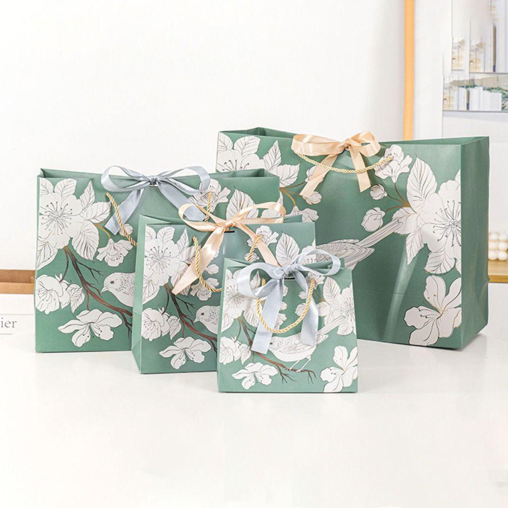 With Ribbon Handhold Paper Bag Luxury Shopping Bag Creative Printing Floral Bird Gift