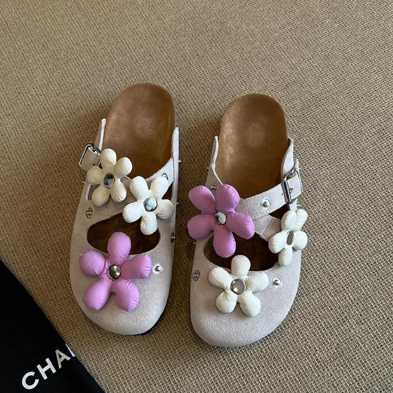 Sheepskin Version~ Niche Design Removable Flower Buckle Birkenmuller Shoes Women's Retro Rivets Thick-soled Bag Head Slippers