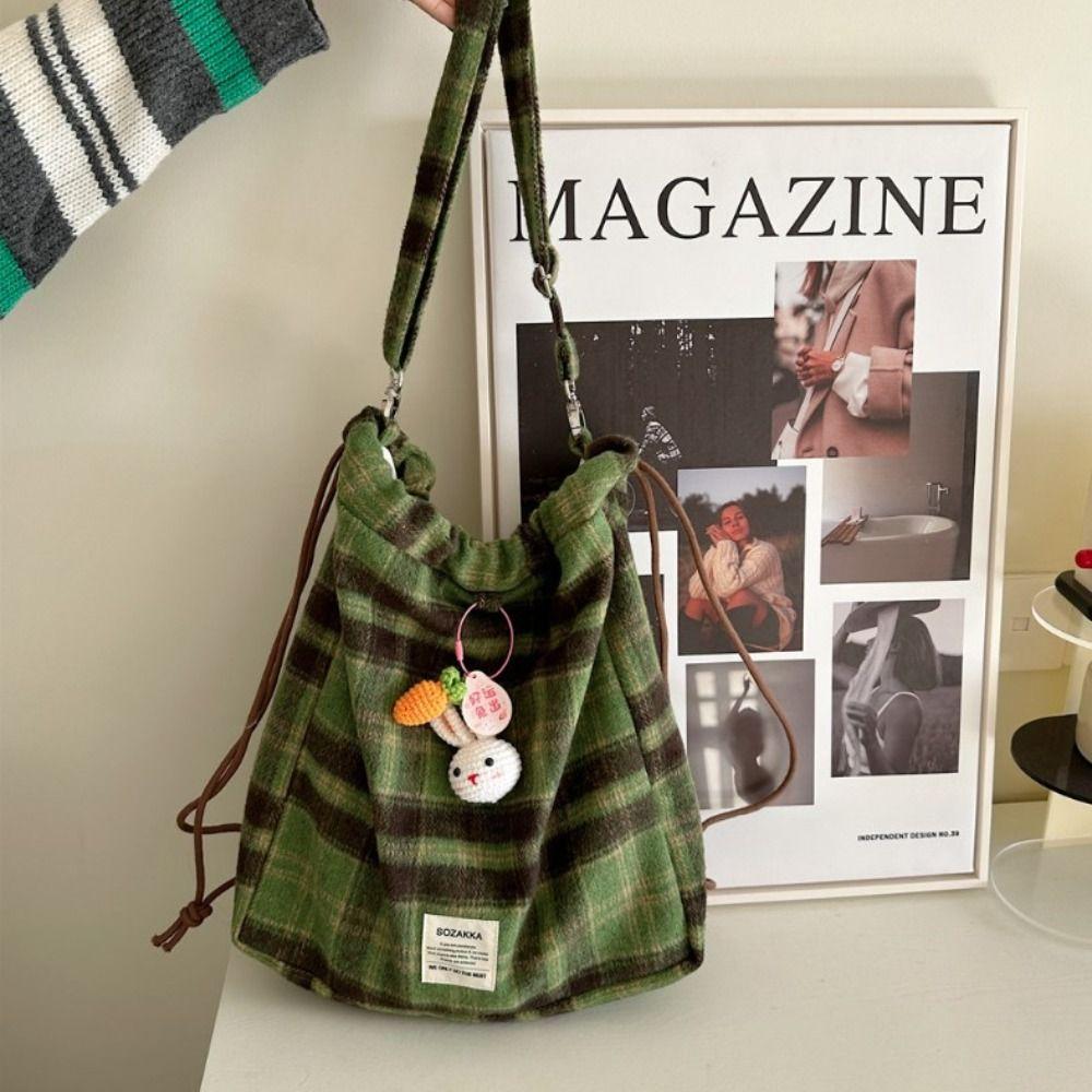 Большая вместимость клетчатая сумка на шнурке в корейском стиле Y2k школьный рюкзак в клетку на шнурке для девочек