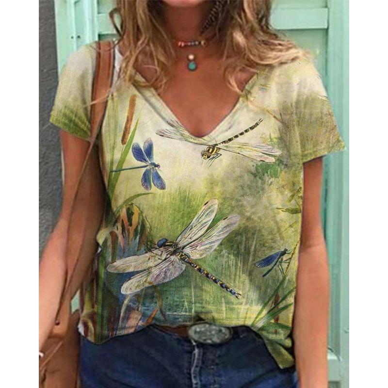 Summer Butterfly Dragonfly 3dV Neck Printed New Women's Top T-shirt