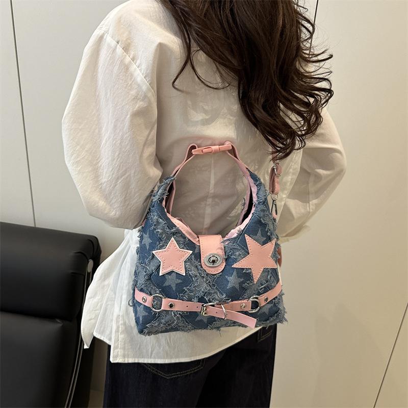 Pink Star Purse and Handbags Aesthetic Plaid Denim Shoulder Bag Punk Leisure Outdoor Crossbody Bag For Women CLE