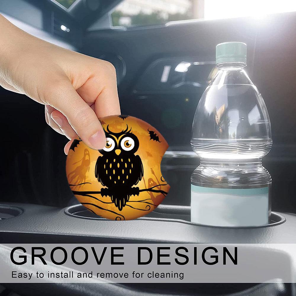 2 шт., противоскользящий коврик с изображением совы на Хэллоуин, автомобильный коврик для чашки с водой, слот для автомобильного подстаканника, украшение для интерьера, автостайлинг