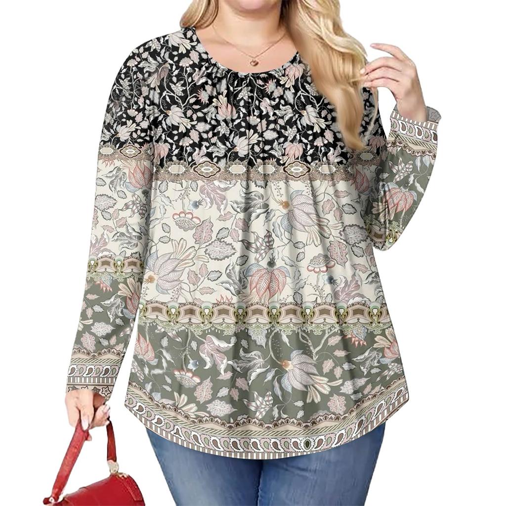 Women's Plus Size Fashion Printed Casual Pleated Round Neck Long Sleeve Top