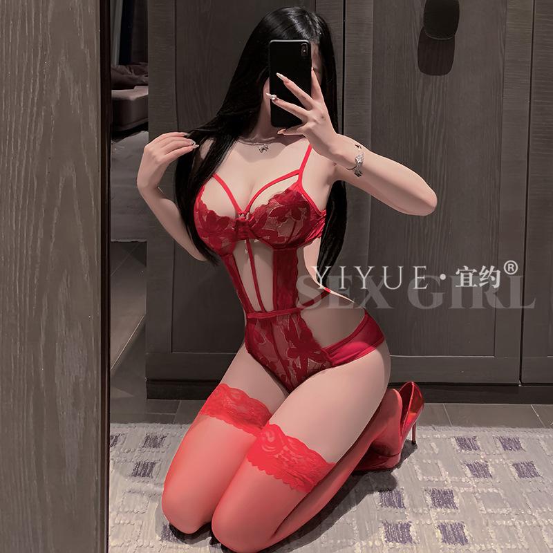 Erotic Underwear, Sexy and pure Desire one-piece dress, Women's hidden button-open crotch lace Seductive pajamas, no-take uniform 1061