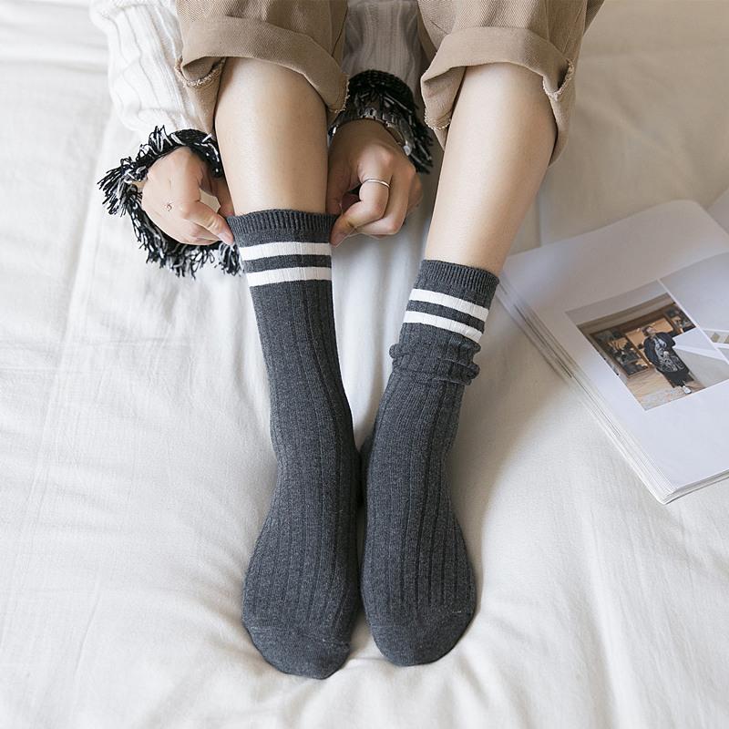 College Style Striped Women Socks Solid Black White Long Sock for Women Japanese Cute Vintage Stockings