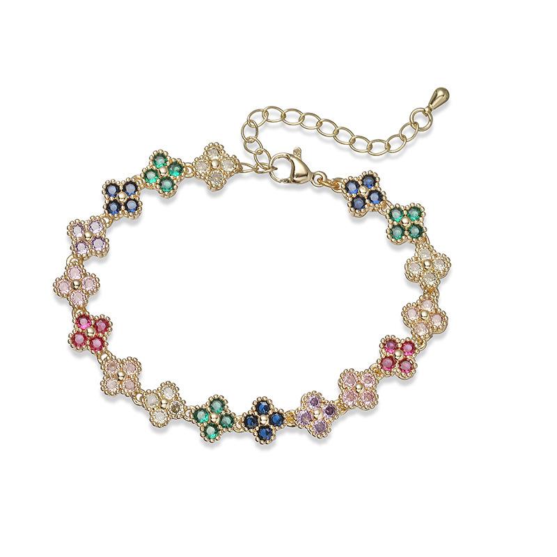 Elegant Light Luxury Women's Gold Plated Copper Bracelet Zircon Four-leaf Clover Necklace Flower Jewelry Set
