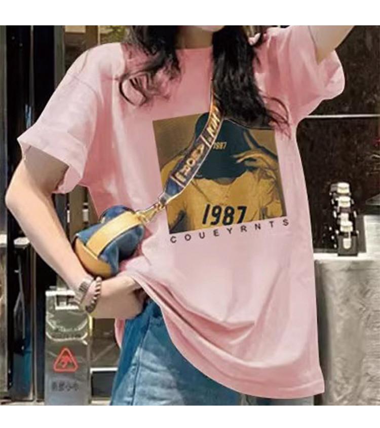 Lazy, simple, loose printed short sleeved T-shirt for women in summer, pure cotton round neck, off shoulder, mid length top for women