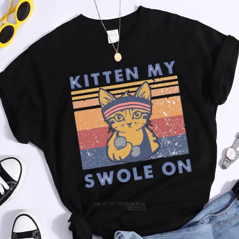 Kawaii Kitten My Swole on Female Tshirt Breathable Summer T Shirt Casual Quality Crop Top Streetwear Personality Women Tshirts