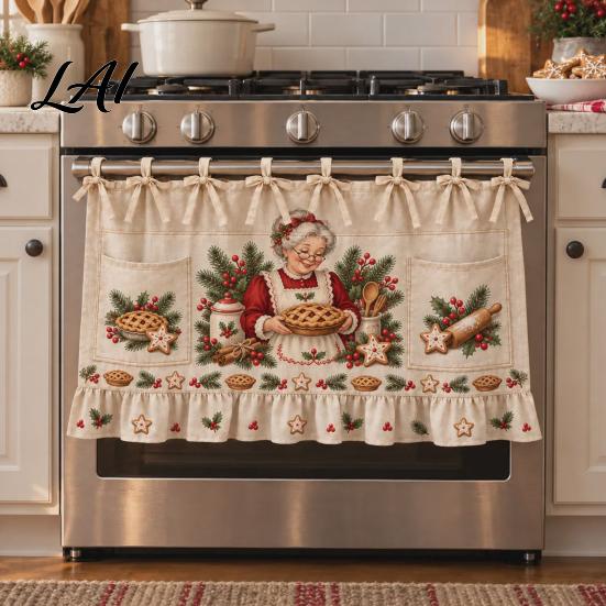 Handmade Holiday Oven Cover Christmas Skirt with Pockets Festive Snowflake Elk Red Birds Santa Stove Curtain for Home Cooking Essentials Kitchen
