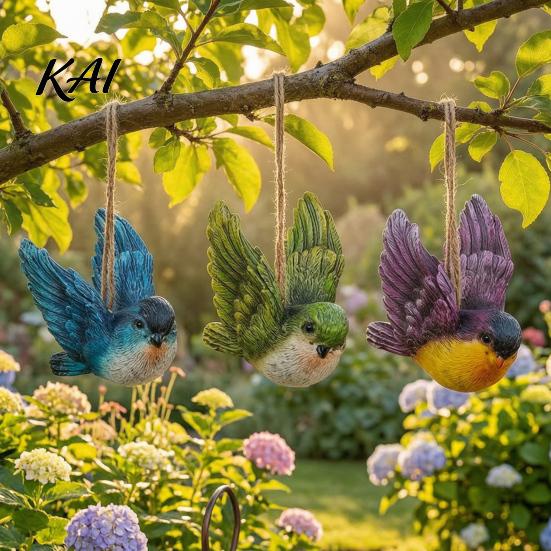 Yard Art Hanging Decorations 3Pcs Resin Bird Ornament, Hand-Painted Figurine with Jute String, Animal Statues for Garden Weatherproof Outdoor