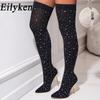 Sexy Runway Crystal Stretch Fabric Sock Over the Knee Boot Thigh Stiletto High Pointed Toe Woman Shoes Zapatillas Mujer