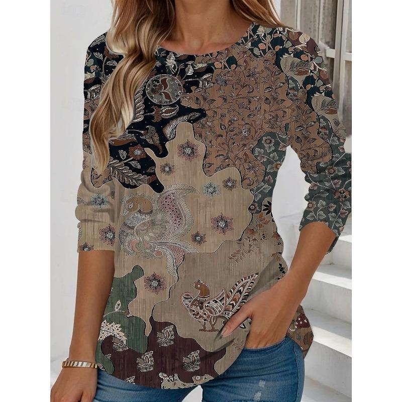 Fashion Summer Women's Floral Graphic Elegant Round Neck Long Sleeve T-Shirts Y2K Casual Tops Womens Clothing Harajuku Pullover