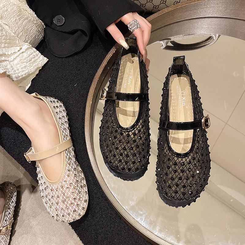 Stylish Mesh Rhinestone Catwalk Shoes Round Head Mary Jane Shoes Breathable Flat Ballet Single Shoes Women's Summer