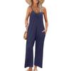 Women Sleeveless Jumpsuits Knit Ribbed Adjustable Spaghetti Strap Loose Long Pants Romper With Pockets