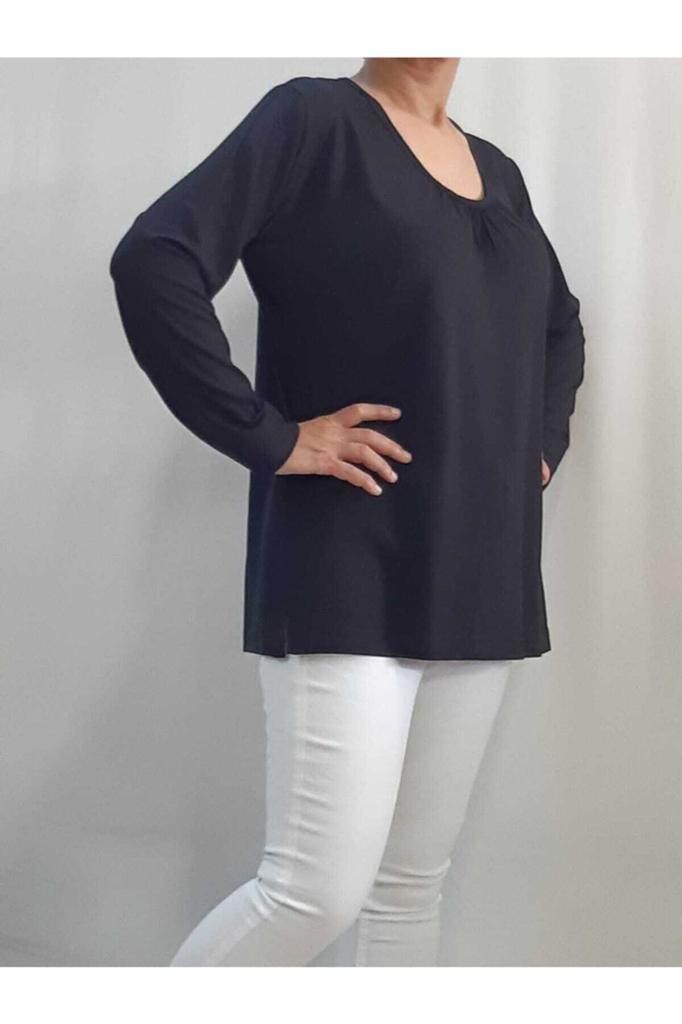Женская стильная футболка большого размера, черная футболка из чесаного хлопка с длинными рукавами и присборенной передней частью