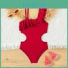 Retro Teenage Color Girls Red Swimsuit One Piece 514 Year Kids Swimsuit Ruffled Swimwear Beachwear