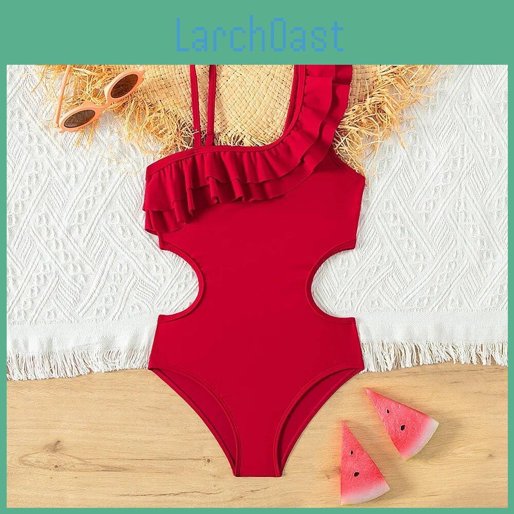 Retro Teenage Color Girls Red Swimsuit One Piece 514 Year Kids Swimsuit Ruffled Swimwear Beachwear