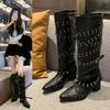 Black Long Boots Women's Summer Thin New Models But Knee High Knight Boots Pointed Thick Heel Rivet Short Boots