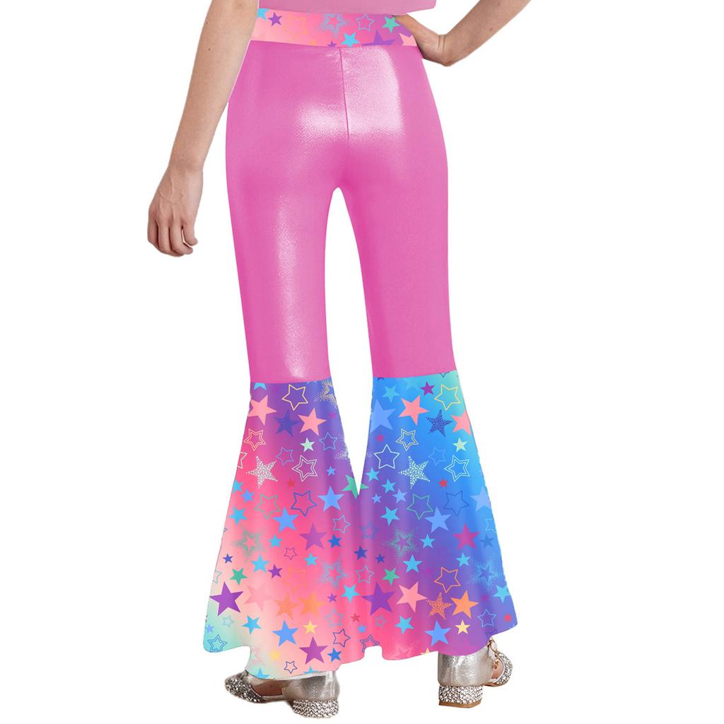 Girls Disco Costume Patchwork Printed Pants Shiny Metallic Elastic Waistbell Bottom Design Role Playing Parties