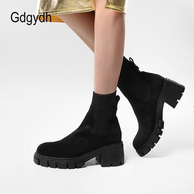 Женские замшевые ботильоны челси на платформе, эластичные, на массивном каблуке, с протекторной подошвой, слипоны, на среднем каблуке, зимняя обувь