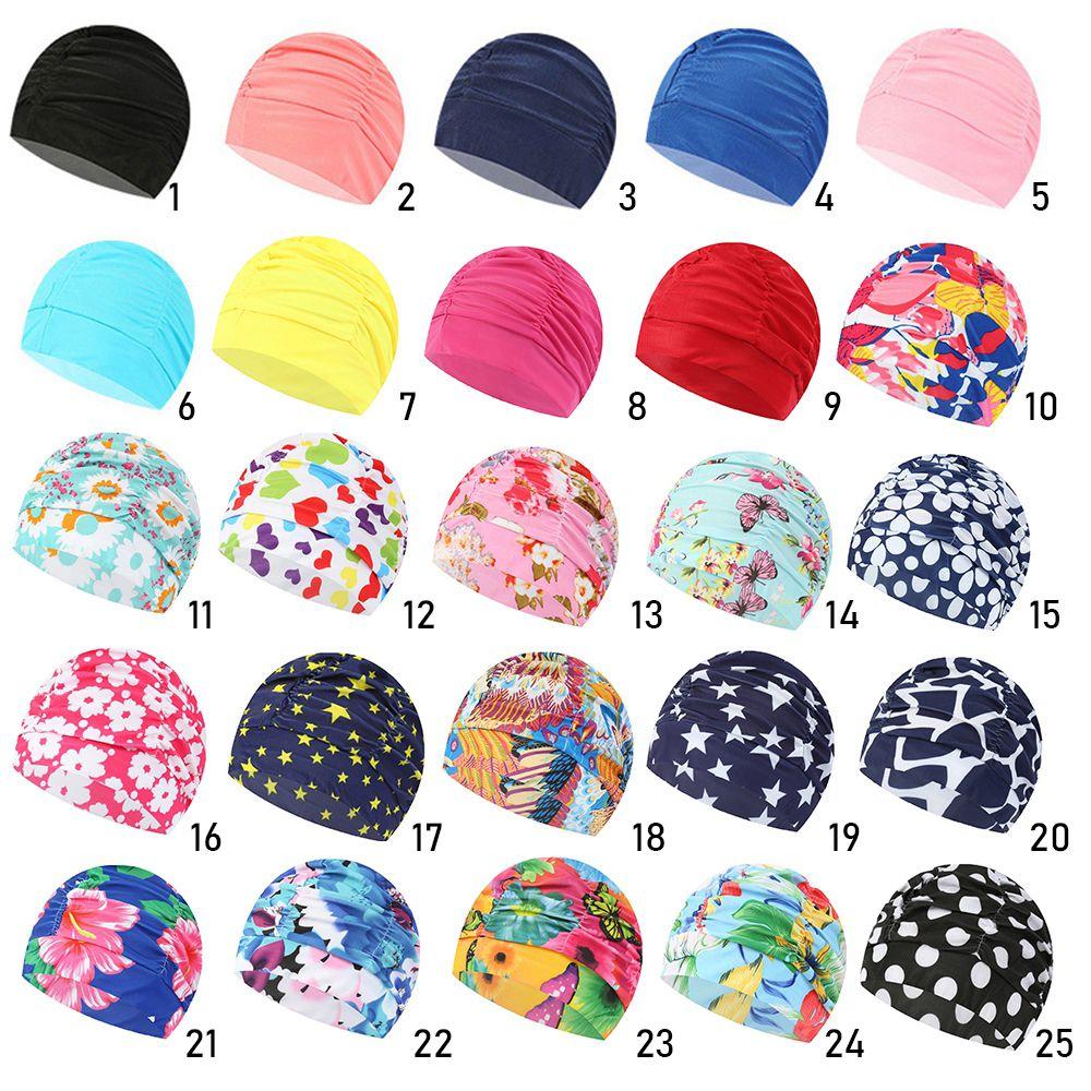 Printed Sports Accessories Elastic Nylon Turban Long Hair Protect Pool Bathing Hats Swimming Cap