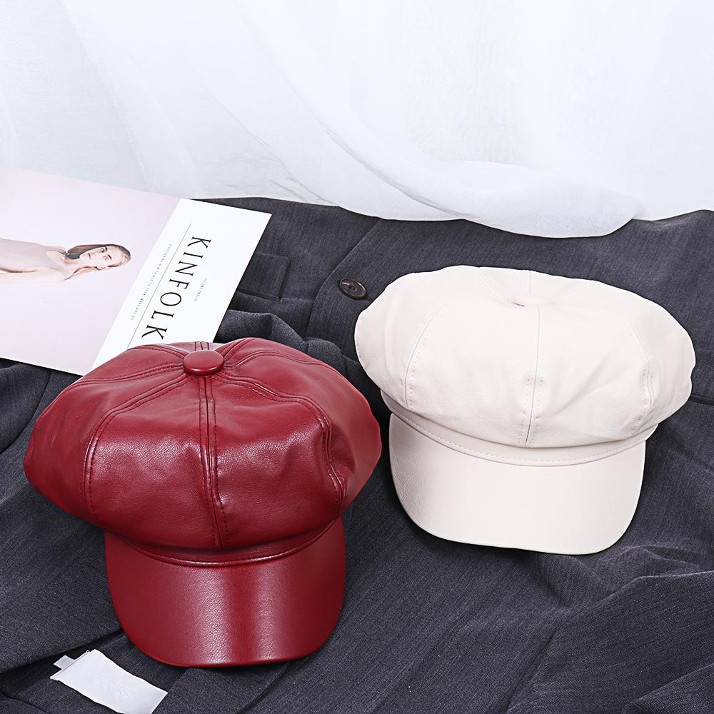Autumn Winter Octagonal New Fashion PU Leather Peaked Cap Newsboy Cap Newsboy Hat Beret Hat