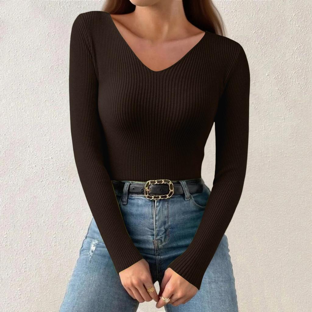 Women's Fashion V-Neck Slim Sweater Long Sleeve Pullover Solid Colour Top