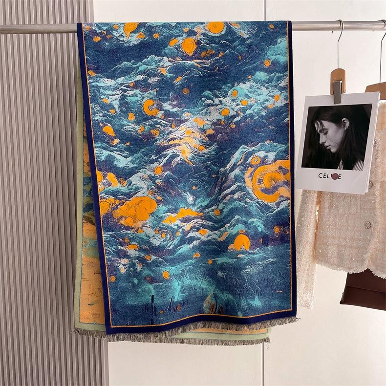 2024 Осень/Зима Новый утолщенный теплый двухсторонний двухцветный шарф из искусственного кашемира с кисточками, высококачественный воротник-шаль