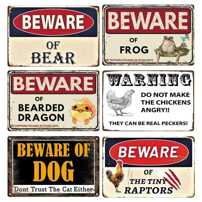 Beware Animals Dog Cat Bull Kraken Chickens Bigfoot Area Retro Tin Sign Caution Decorative Vintage Plaque Metal Poster Decor