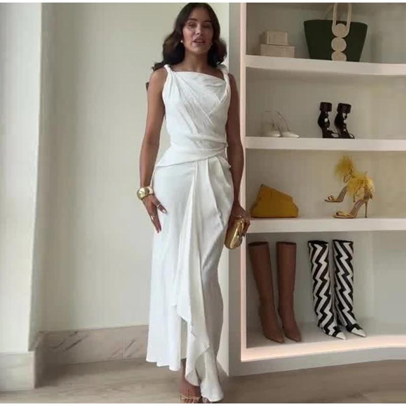 Элегантное женское платье с оборками и разрезом по бокам, белое, без рукавов, плиссированное, вечернее, универсальное, длинное женское платье, летнее женское платье