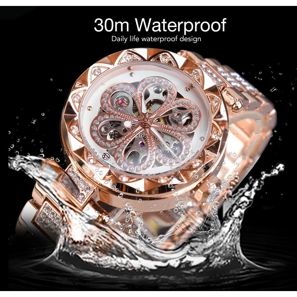 Forsining Ladies Fashion Leisure Rhinestone Hollow Mechanical Waterproof Automatic Mechanical Watch GMT1169-8-A