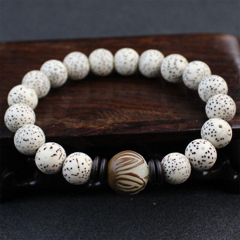 Creative Shunbai Moon & Star Bodhi Bead Bracelet, 10MM Coconut Shell & Lotus Root.