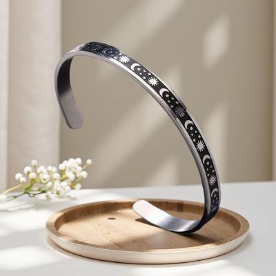 Открытый браслет из нержавеющей стали в форме буквы C, открытый серебряный браслет с элементами солнца, луны и звезд в наличии, оптом