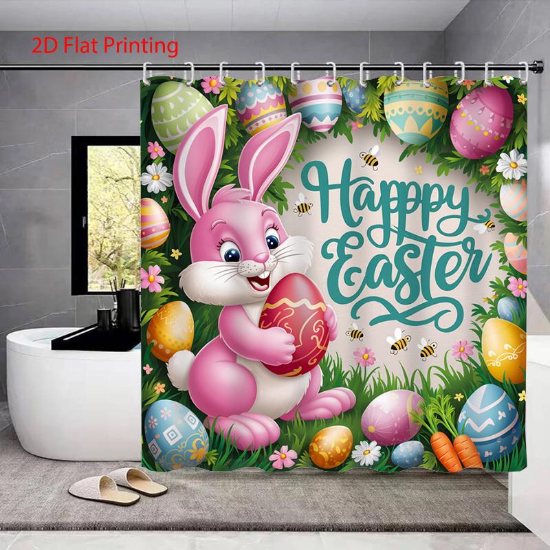 1PC-Spring Easter Day shower curtain set with 12 hooks, Bathroom Home Decor 2D Flat Printingwashable curtains for home decoration Accessories