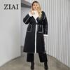 ziai 2024 Winter Faux Leather Jacket Women Long Warm Plush Fur Collar Padded Coat Fashion Pocket Cotton Female PU Parkas K18