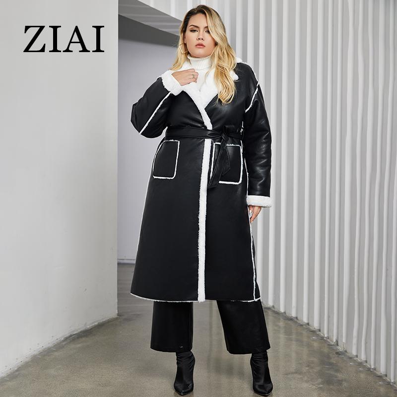 ziai 2024 Winter Faux Leather Jacket Women Long Warm Plush Fur Collar Padded Coat Fashion Pocket Cotton Female PU Parkas K18