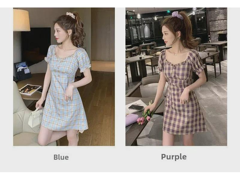 2024 Корейское летнее ретро-платье на одно плечо в стиле Тондэмун в клетку