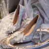 Crystal Bowknot Pumps Women Shining Sequins Thin Heel Wedding Party Shoes Ladies Pointed Toe Slip -On 9cm High Heels Shoes