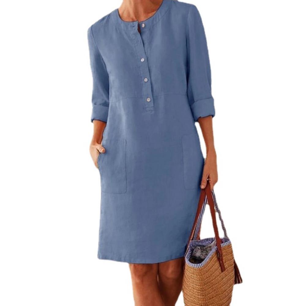 Весенне-осеннее объемное женское хлопково-льняное платье с круглым вырезом и длинными рукавами