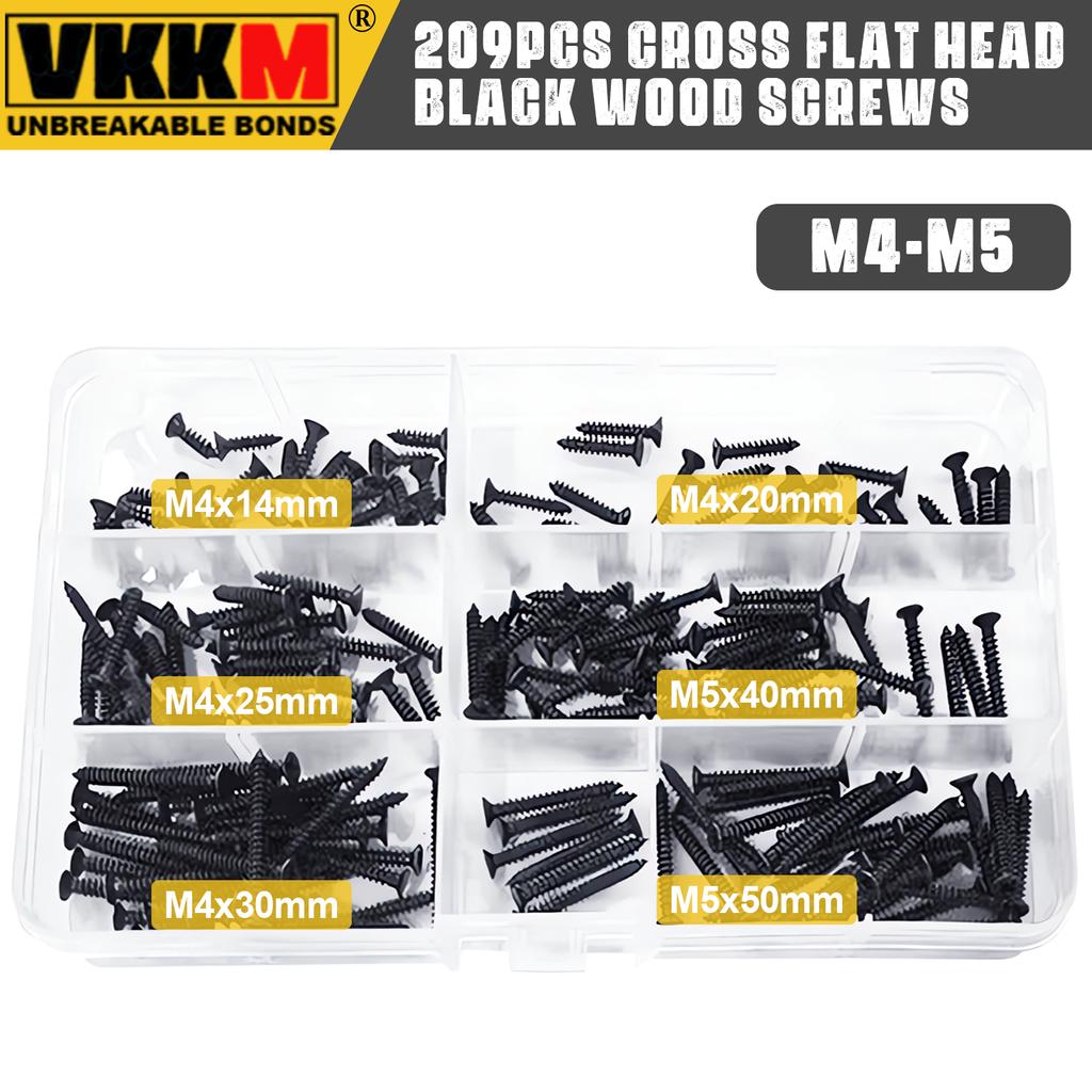 209 шт., набор из черных шурупов по дереву, крестообразный набор шурупов по дереву M4M5