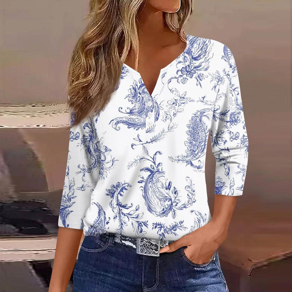 Women's T Shirt Print Button 3/4 Sleeve Daily Weekend Fashion Basic V- Neck Regular Top