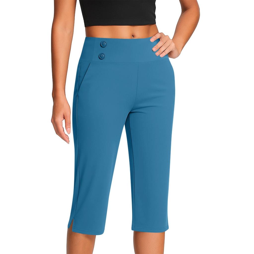 Women's Fashionable Solid Color Button Pocket Pants With Split Hems High Waist Sports Yoga Casual Cropped Pants